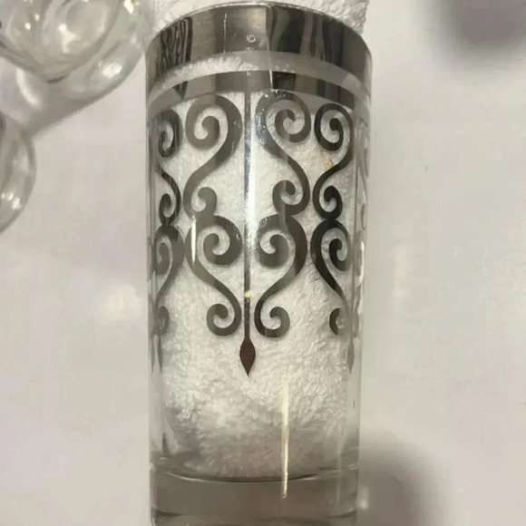 Vintage MCM Mid Century Silver Rimmed Scroll Pattern Highball Glasses Set of 3 - Picture 5 of 5